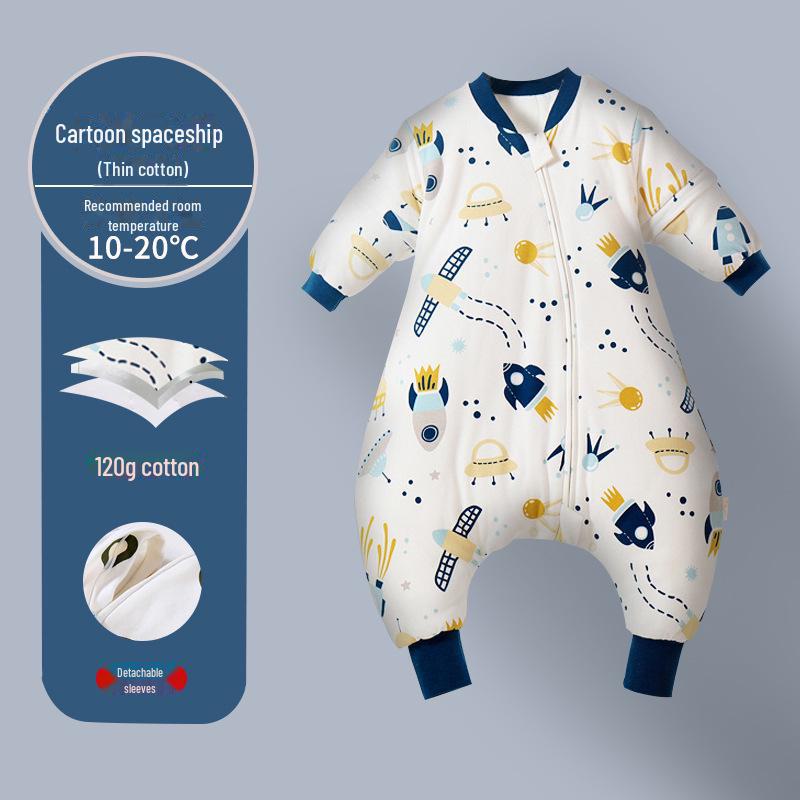 Детский спальный мешок из толстого и тонкого хлопка: Разрез по ноге, мультяшный дизайн, с рукавами, на все времена года