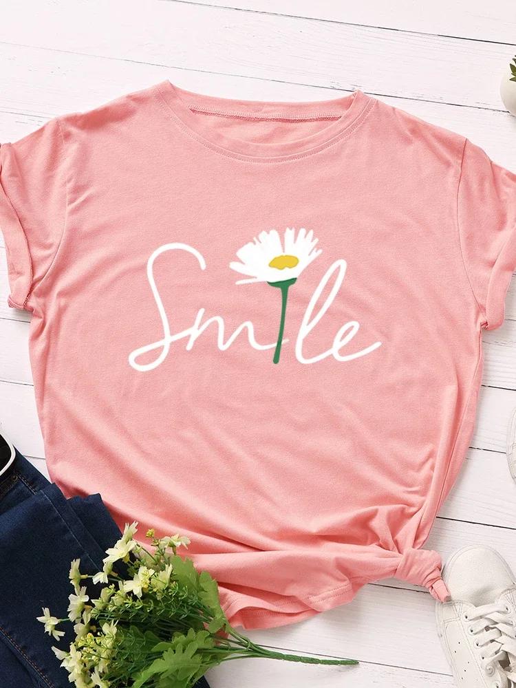 Полевые цветы Улыбка Принт Письма Женская Футболка Короткий Рукав Круглый Вырез Свободная Женская Футболка Женская Футболка Топы Camisetas Mujer
