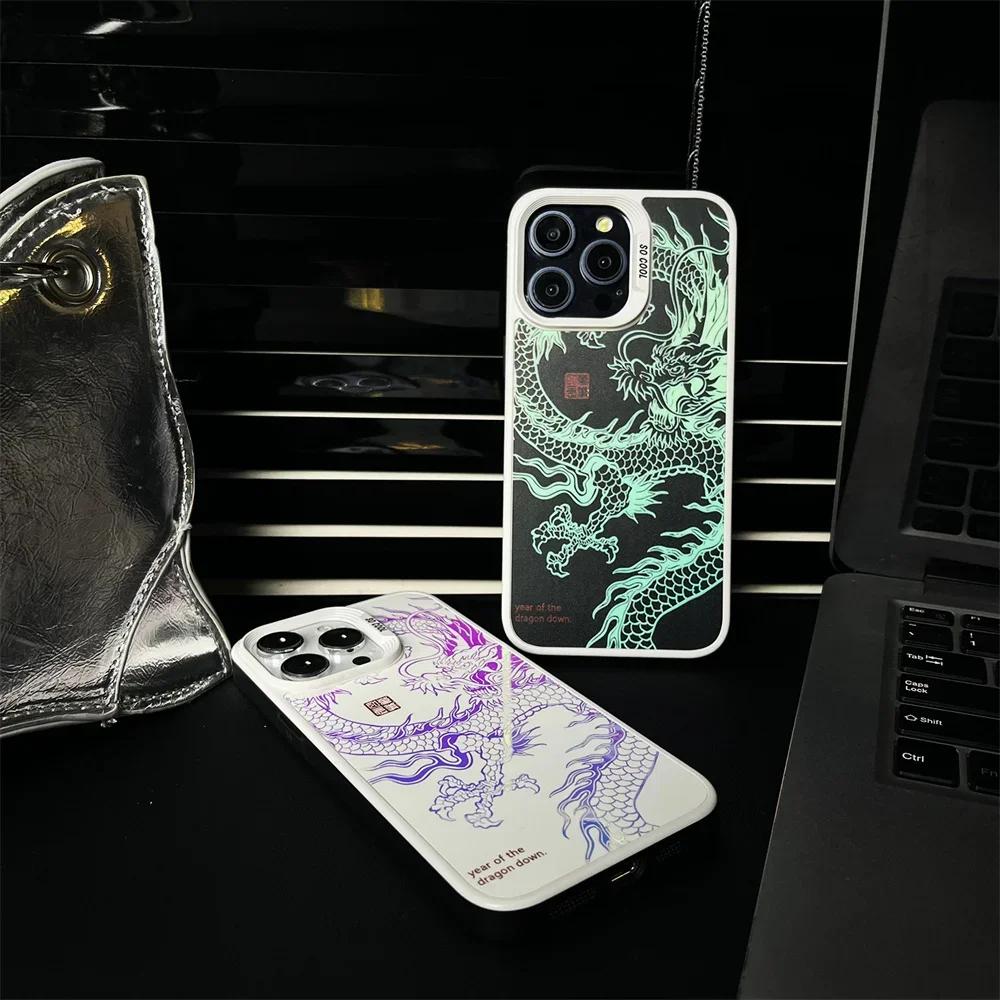 Модный Светящийся Чехол для Телефона с Рисунком Дракона для iPhone 16 14 13 12 11 15 Pro Max Ударопрочный Противоударный Светящийся в Темноте Чехол