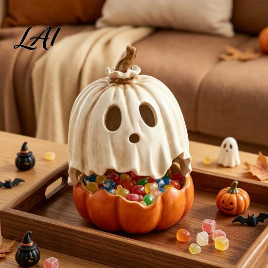 Indoor Fall Decorations Halloween Light Up Ghost Pumpkin Decoration Vintage Detachable Lamp with Resin Ornament LED Candle for Kitchen Tabletop