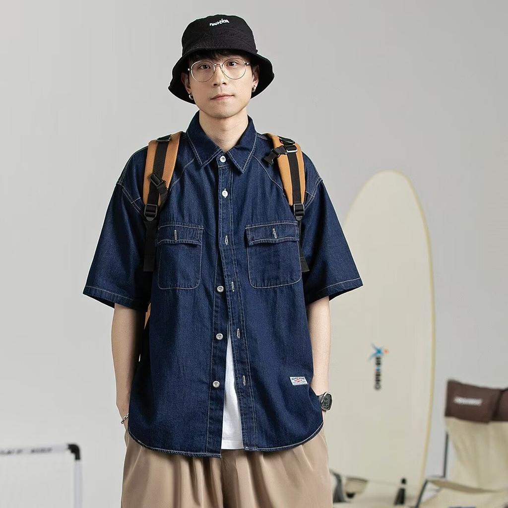 Японский ретро модный бренд летняя свободная джинсовая рубашка с короткими рукавами художественная молодежная рабочая рубашка мужская и женская многослойная куртка