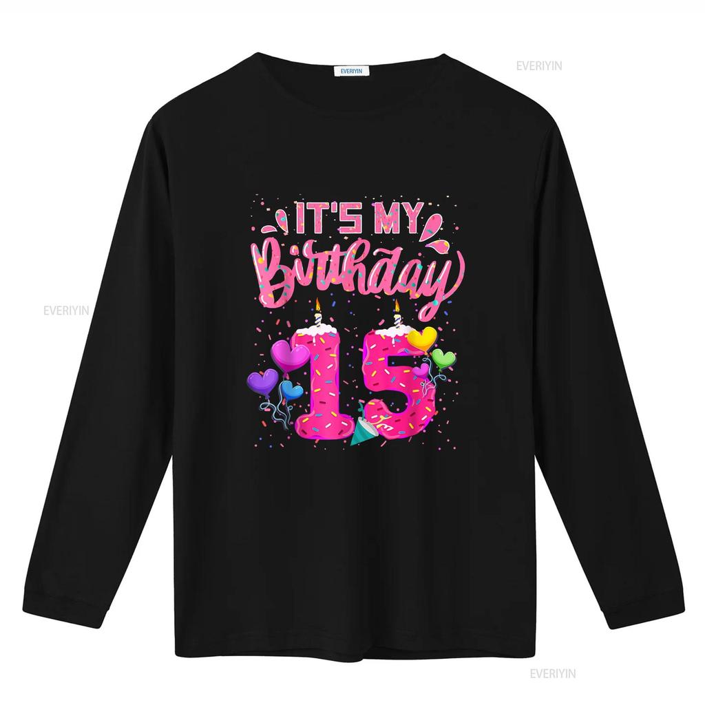 Это Мой 15-й День Рождения Пончик Счастливых 15 Лет Девочка Дети Футболка винтажная Стиранная Стильная Повседневная с принтом Универсальная Мягкая