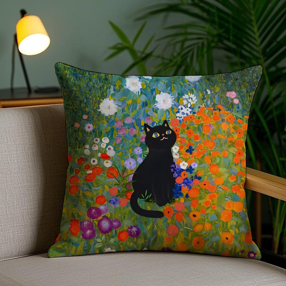 Cute Black Cat Oil Painting Cushion Cover Plush Fabric DoubleSided Printed Invisible Zipper Sofa Pillow Case Home Bedroom Decor