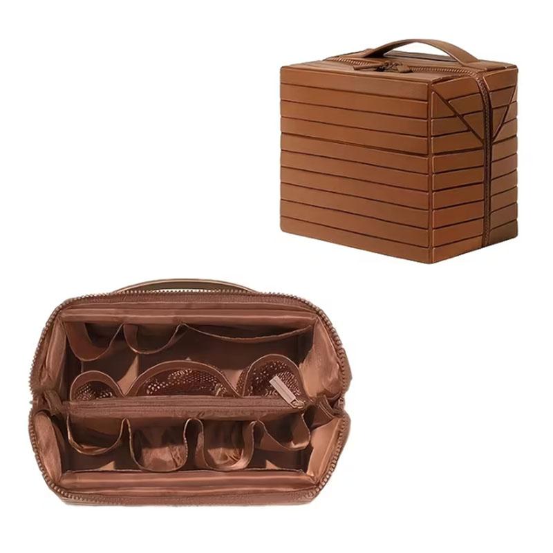 Large Capacity Travel Cosmetic Organizer with Multiple Compartments Striped PU Leather Cosmetic Tool Makeup Storage Toiletry Bag