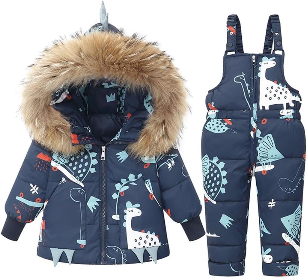 Toddler Baby Winter Down Snowsuit Set – Cartoon Dinosaur Fur Hooded Coat and Snow Pants for Boys Girls