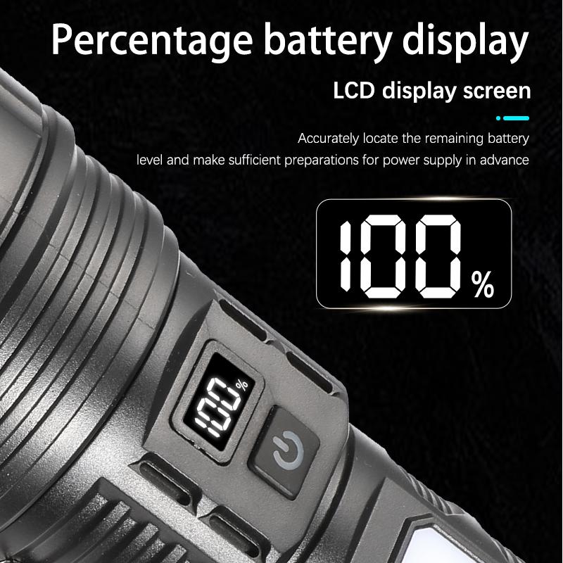 Type C Rechargeable Flashlight High Brightness Zoom Strobe COB Sidelight Battery Gauge Large Capacity ABS Camping Search Light