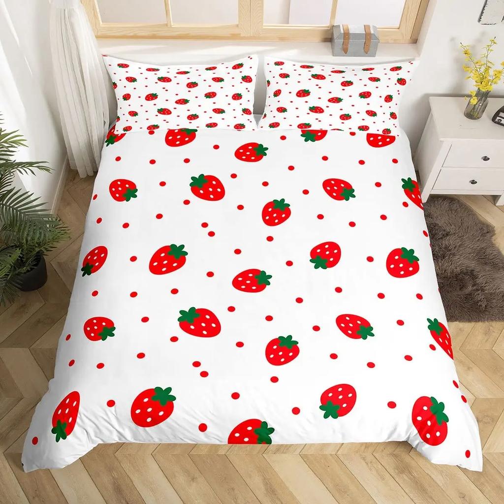 Strawberry Duvet Cover SetRed Strawberry Bedding Set For Girls Cute Black White Geometric Plaid Grid Comforter Cover Full Size