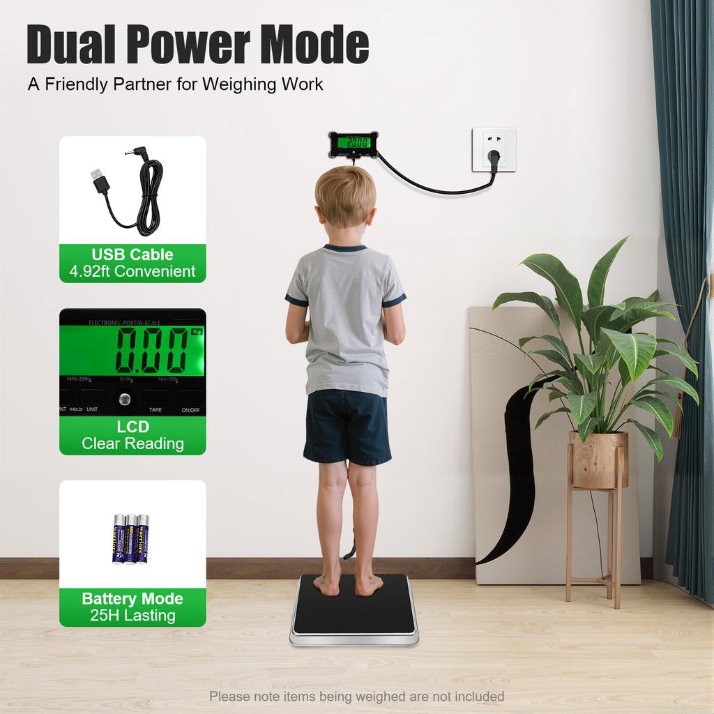 Digital Postal Scale 200kg/440lb, High Precision Shipping Scale with Hold/Tare, LCD Display, USB/Battery for Warehouse Business