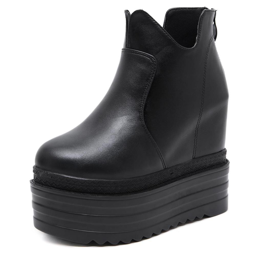 Women Wedge Ankle Boots Height Increasing with Zipper Heeled Chelsea Boots Minimalist Solid Color