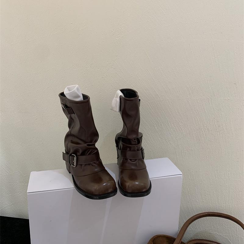 Женские новые ботильоны-сигареты на толстом каблуке с плиссировкой и квадратным носком в стиле ретро, с ремешком и пряжкой, осень-зима 2025