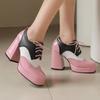 Fashion Red British Women Mixed Color Derbies Women High Thick Heels Pink Silver Oxfords Party Shoes Lace-up Square Toe Platform Brogues