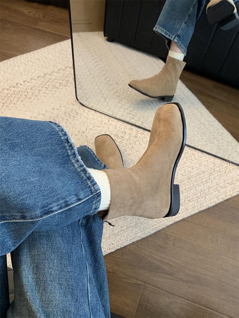 ~ Retro Square Head Suede Versatile Thick Heel Heightened Thin Short Boots Women's Autumn and Winter Large Size 42