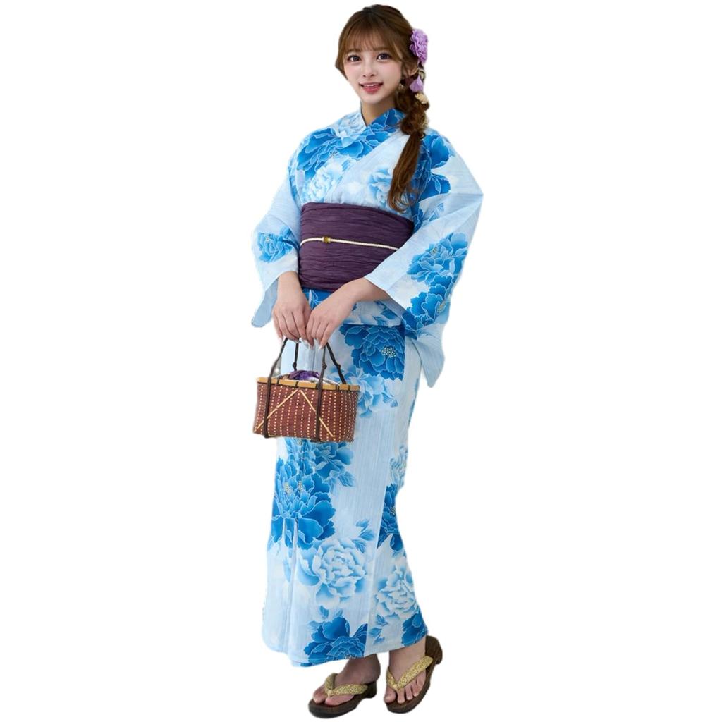 RAVIR Yukata Pale Blue Peony Fluffy Obi and Geta One Size Fits All Women's 3-Piece Set, Pattern, Belt, Sandals, Blue,