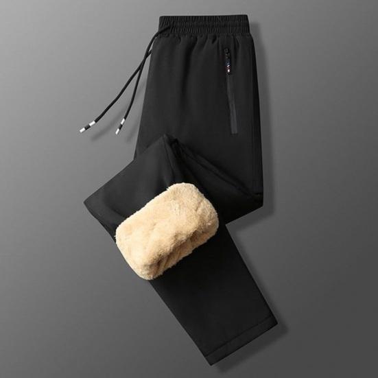 Winter Men Pants Thick Fleece Drawstring Elastic Waist Heat Retention Zipper Pockets Solid Color Warm Sport Travel Work Trousers