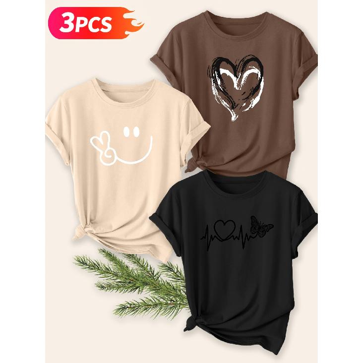 Three-piece set Elegant short-sleeved shirt for women Vintage Daisy Wildflower Print Round Neck Women's T Shirt Suitable for spring