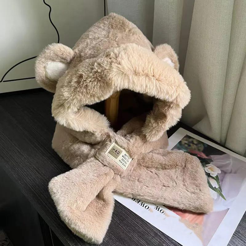 WTEMPO Cold-proof Windproof Cute Bear Scarf Hats Winter Thickened Plush Ear/Head Protection Outdoor Cycling Warm Skiing Hats