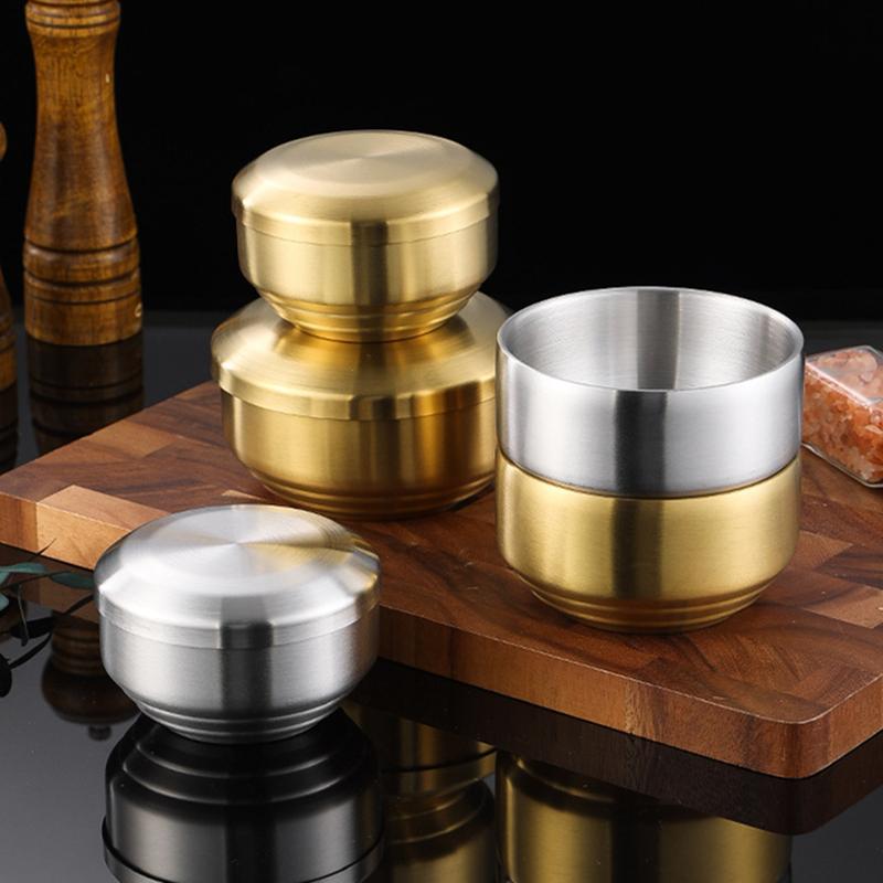 Korean 304 Stainless Steel Rice Bowl with Lid Double-Layer Anti-Scalding Soup Food Serving Bowls Container Kitchen Utensils
