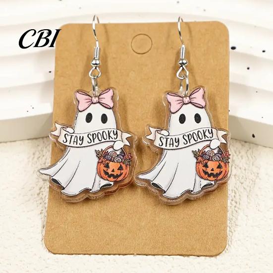 Goth Aesthetic Fashion Earrings 1 Pair Acrylic Ghost for Women, Halloween Cute Dangle Drop Daily Wear with Pumpkin Bucket And Pink Bow Party
