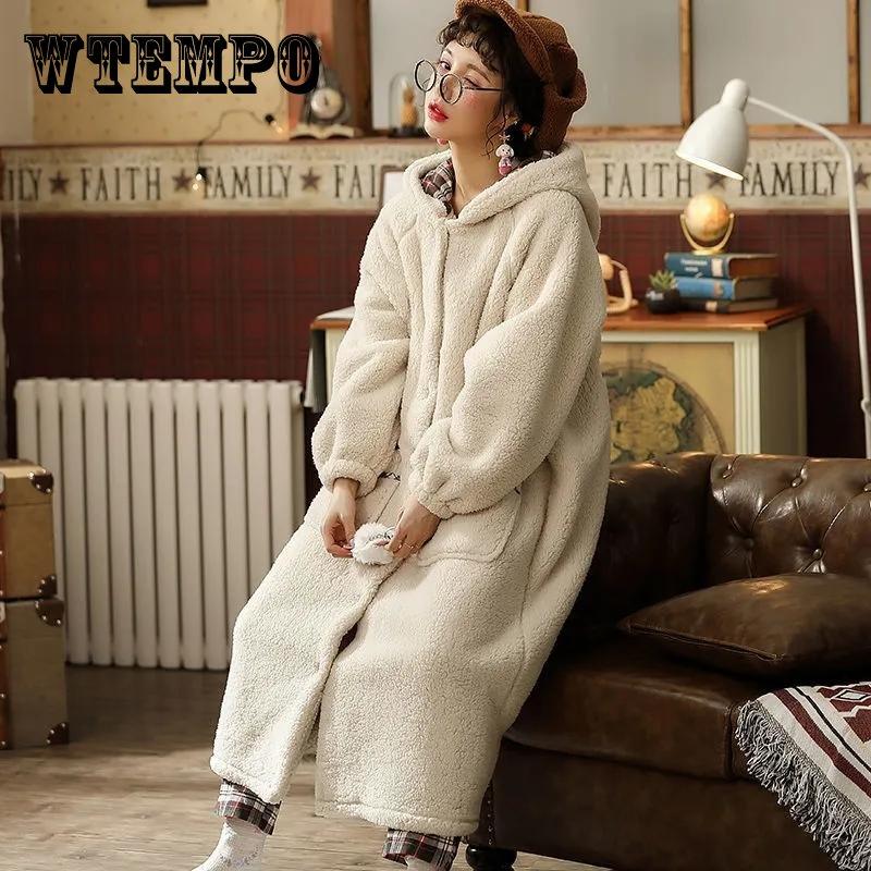 Женские пижамы, зимние бархатные теплые пижамы, длинный халат, повседневная свободная домашняя одежда, милая одежда для сна с героями мультфильмов, одежда из плотного флиса с длинными рукавами и капюшоном