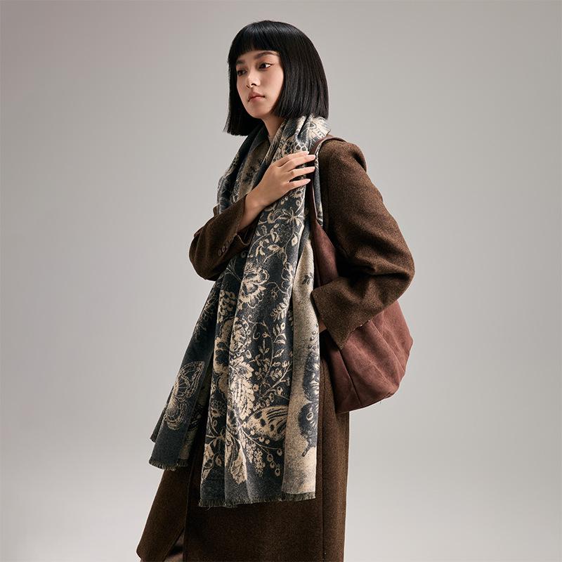 Autumn And Winter Peony Butterfly Style Retro Literary Style Printing Women'S Warm Scarf Shawl