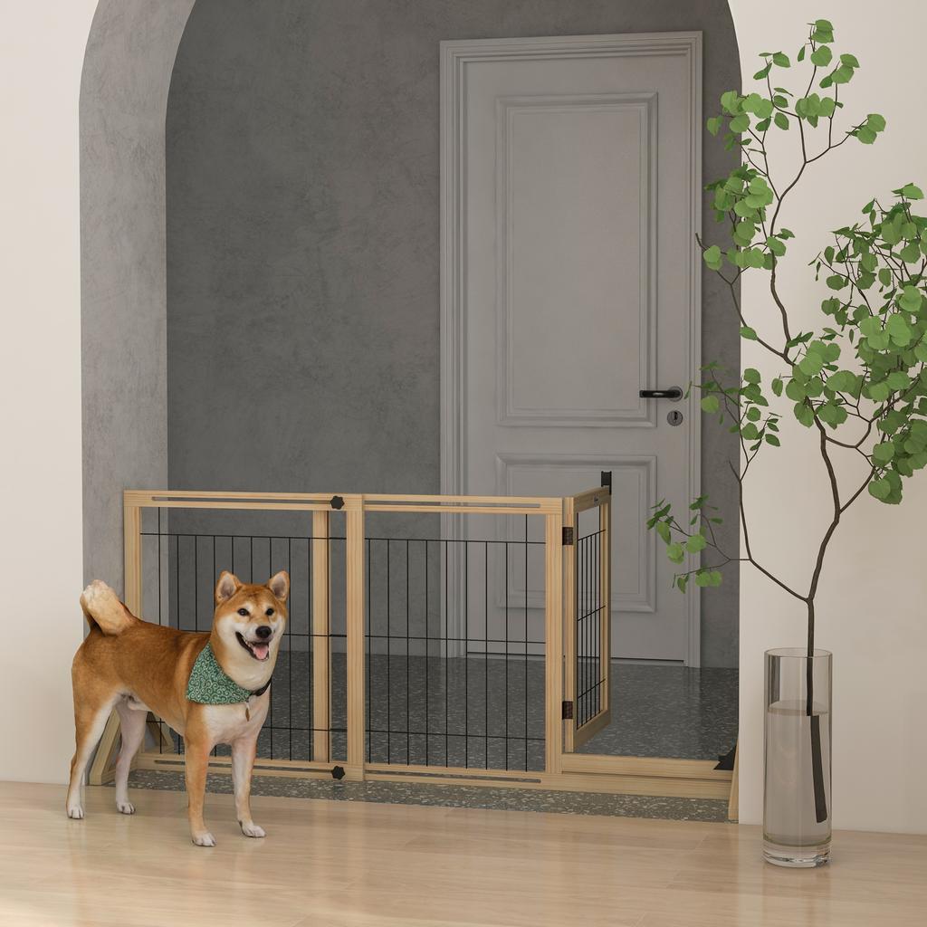 Extendable Dog Gate with Door and 2 Panels, Triangular Feet, 112-159x70 cm, Natural Wood