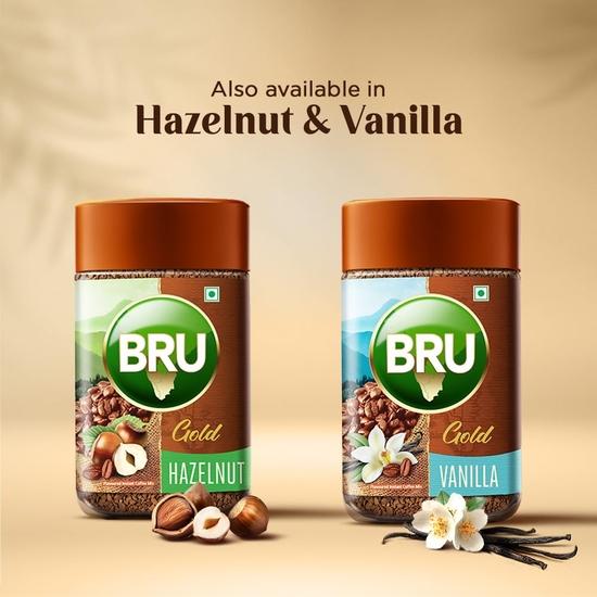 BRU Золотая карамель 100 грамм | Ароматизированный растворимый кофе | Ароматная нотка вашего повседневного кофе | Изготовлено из сублимированного кофе | На 80 чашек