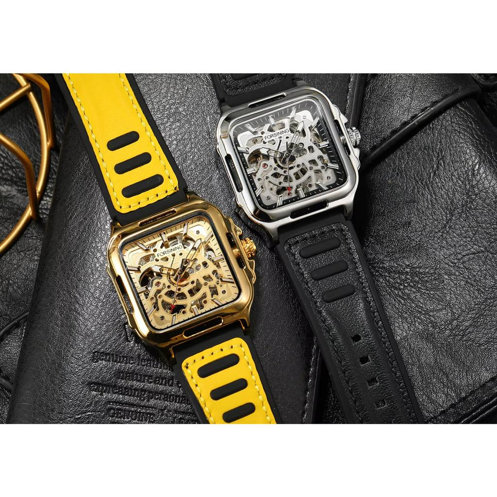 FORSINING Square Dial Skeleton Watch Automatic Watch for Men Luxury Sports Mechanical Wristwatch Waterproof Luminous Leather Band