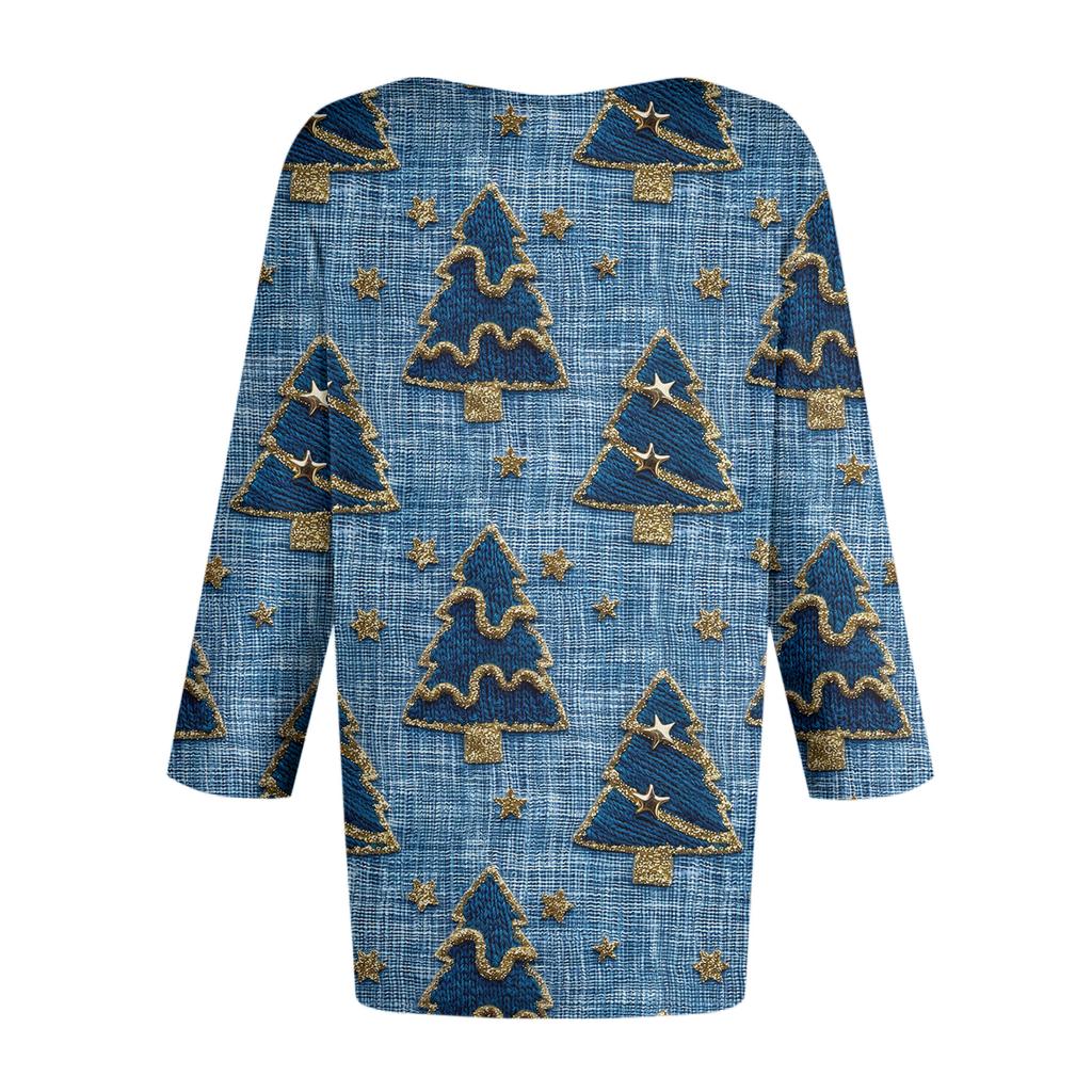 Women's Fashionable Casual Three-Quarter Sleeve Christmas Print Round Neck Top