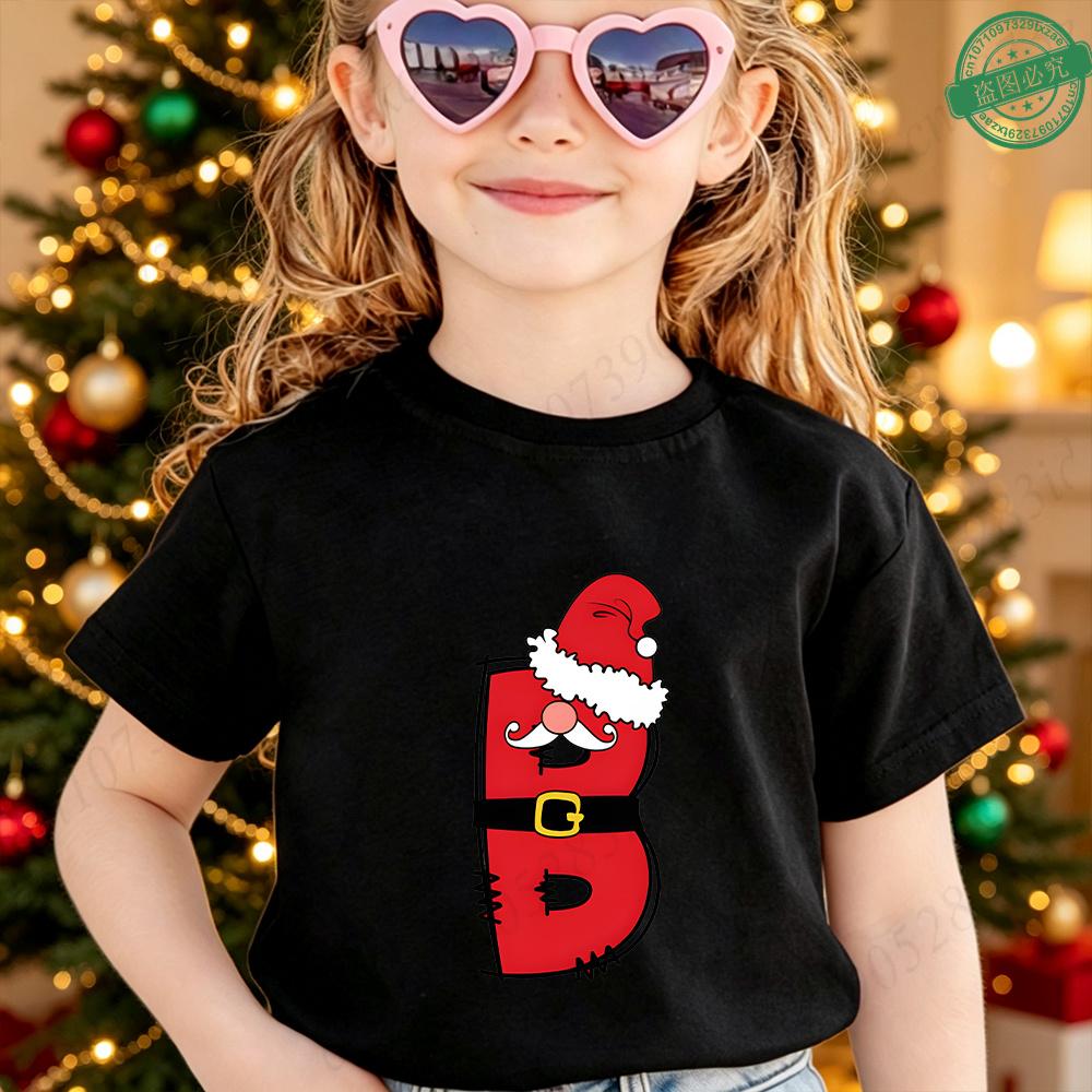 Cute Santa Hat Beard 26 A‑Z Alphabet Graphic Children Christmas T‑Shirt Cotton Short Sleeve Boys Girls Winter Festival Party Tee
