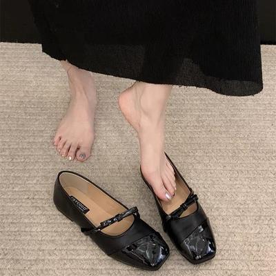 Черные туфли Мэри Джейн женские туфли весна и осень 2025 новые бант квадратный носок мелкая посадка мягкая плоская подошва