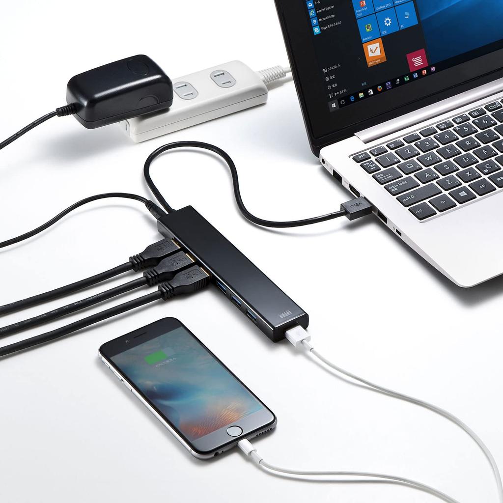 Sanwa Supply USB Hub with Fast Charging Port x USB Gen 7-Port (1 2.1A Output), 3.2 1, Black, USB-3H703BKN