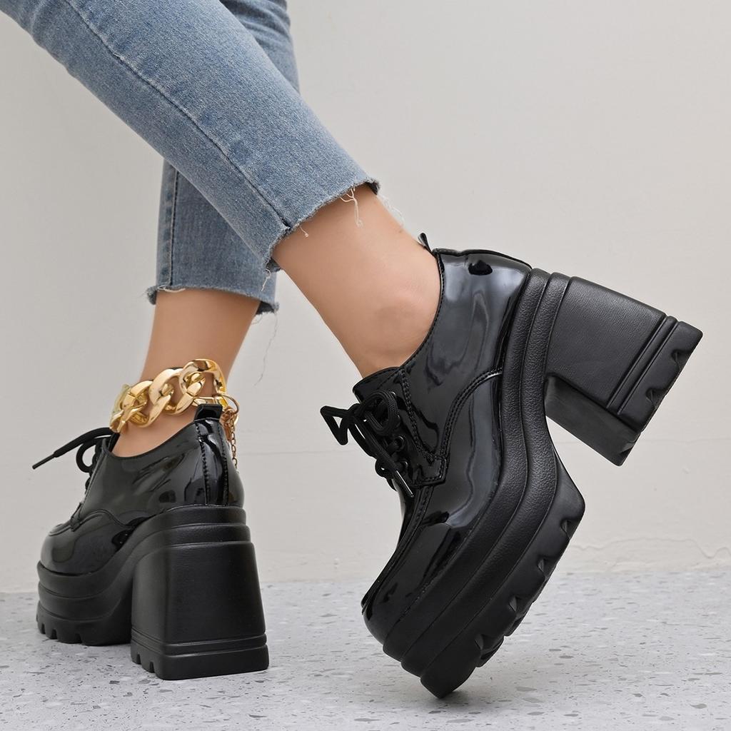 Summer New Foreign Trade Large Size Thick-soled Waterproof Table Thick Heel Temperament Versatile High Heel Single Shoes Lace-up Small Leather Shoes