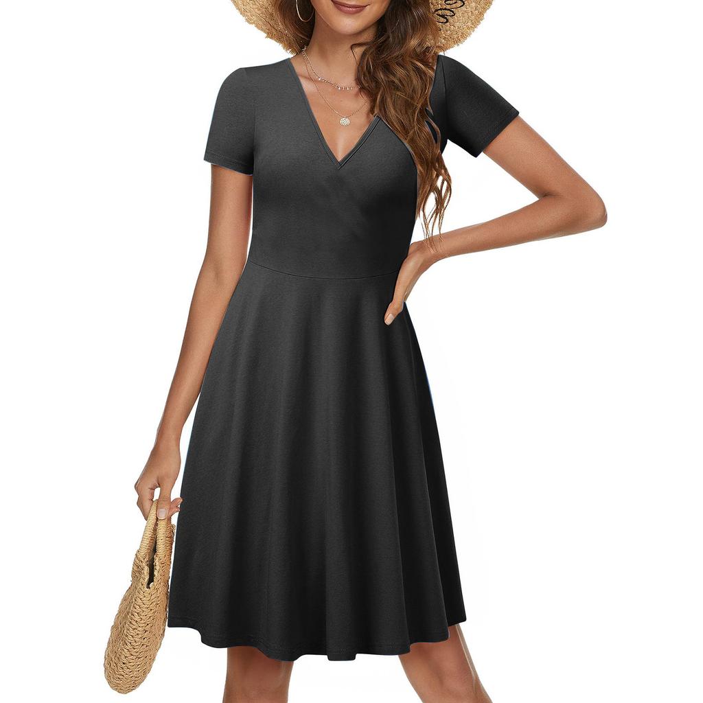 Женское повседневное модное однотонное платье трапециевидной формы с перекрестным v-образным вырезом и короткими рукавами и талией, большое свободное платье
