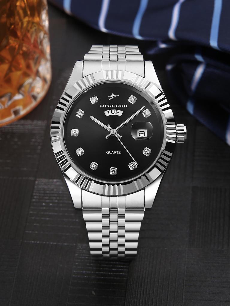 luxury rhinestone men's business watch with textured bezel and fashionable calendar display function suitable for gift