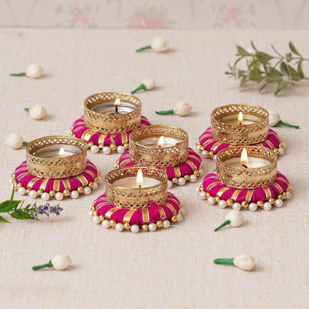 Set of 6 Pink & Golden Round Shaped Beaded Decorative Tea Light Candle Holders - Perfect for Diwali, Navratri, and Christmas Festivals