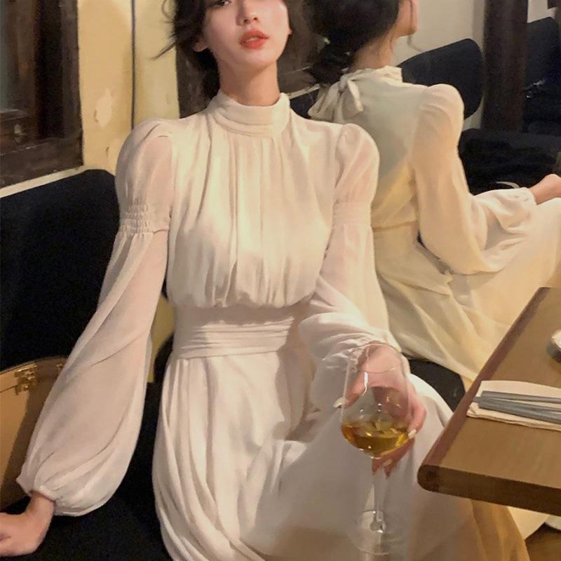 2023 весеннее белое платье миди с высоким воротником, женское элегантное цельное платье с длинным рукавом во французском стиле, корейская мода, дизайн одежды Y2k