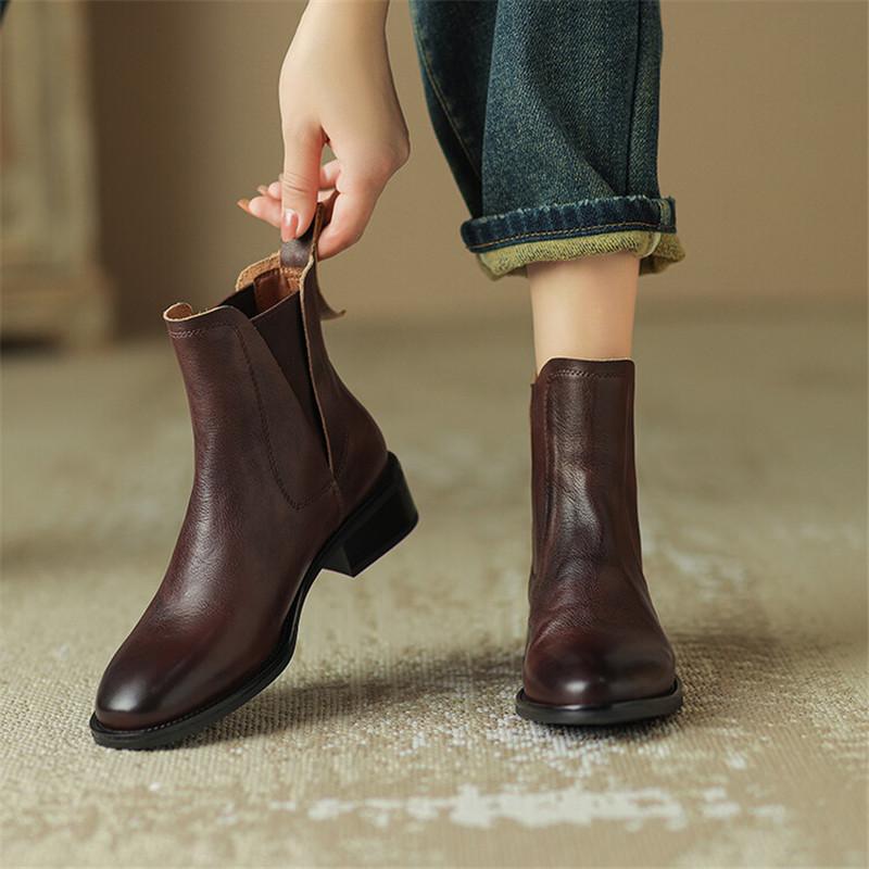 Модные ботильоны из натуральной кожи Осень/Зима Женская обувь Круглый носок Массивный каблук Ботильоны для женщин Модные Ретро ботильоны Ручная работа