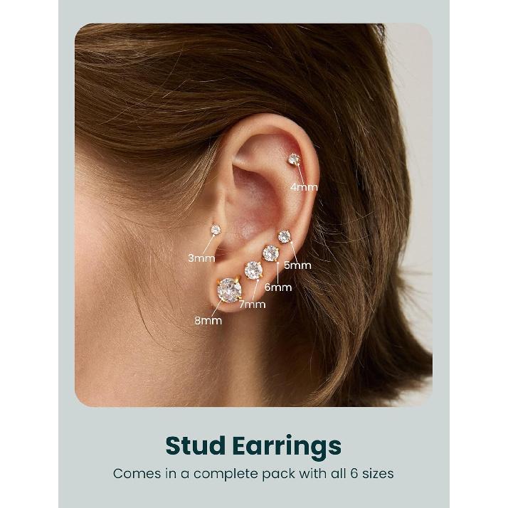 6 Pairs Stud Earrings Set, Hypoallergenic Cubic Zirconia 316L Earrings Stainless Steel CZ Earrings 3-8mm (Steel color)