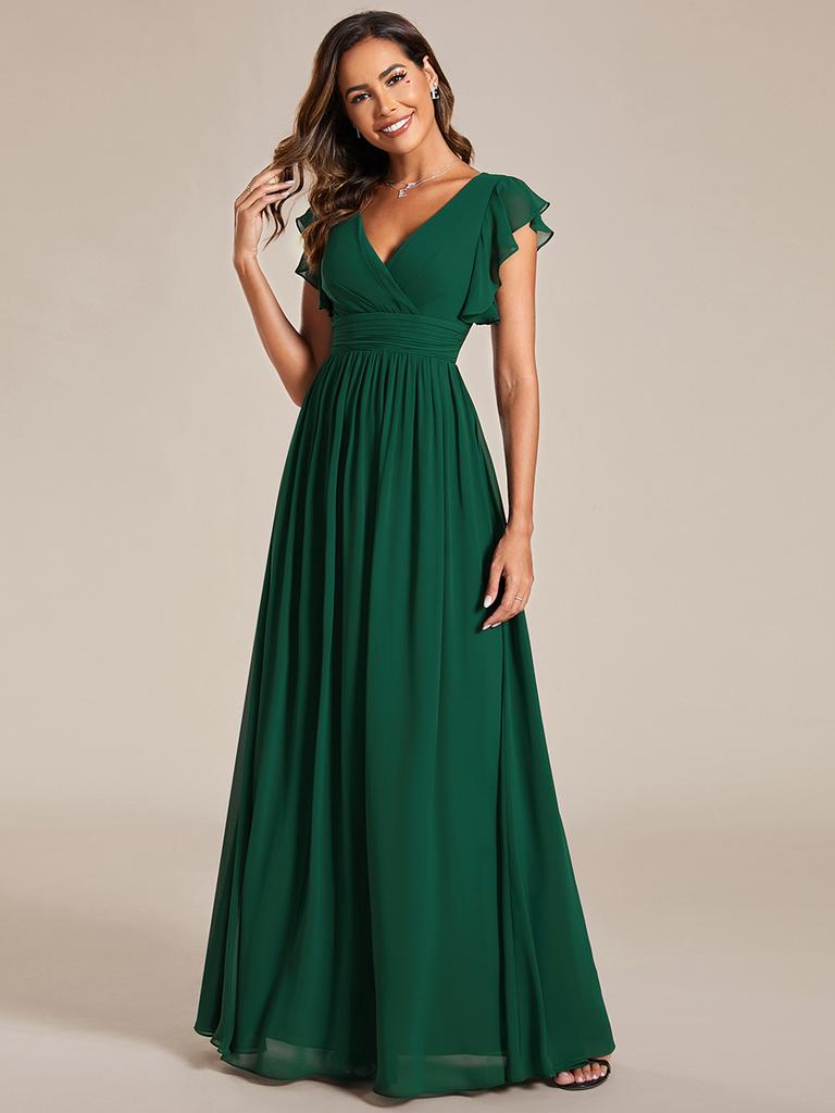 Ever-Pretty Women's A-Line V Neck Pleated Belted Ruffles Sleeves Open Back High Waist Bridesmaid Dresses