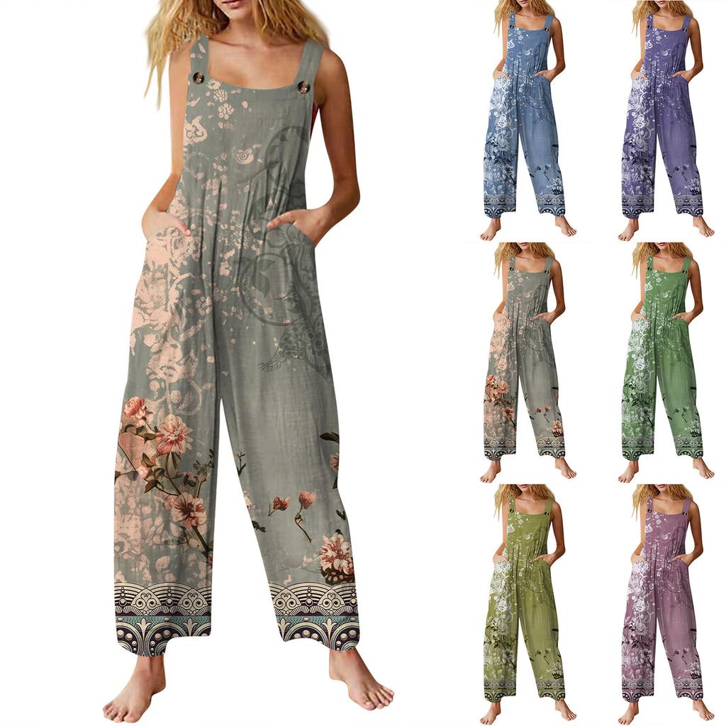 Women's Fashion Casual Vintage Printed Sleeveless Button Down Jumpsuit