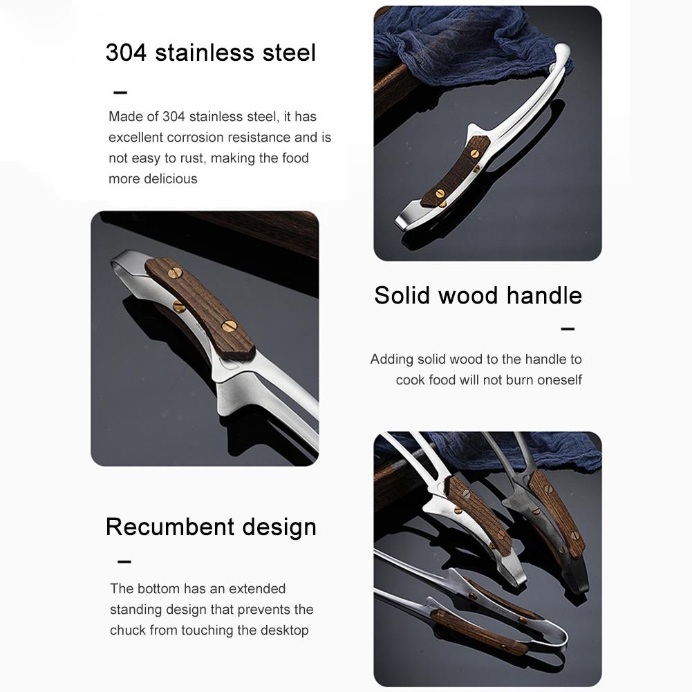 Щипцы для гриля и барбекю из нержавеющей стали 304, термостойкие щипцы для приготовления пищи с деревянной ручкой, зажим для стейков, принадлежности для пикника, походов, кемпинга