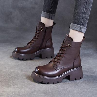Женская обувь из натуральной кожи, универсальные короткие ботинки с круглым носком и шнуровкой на толстом каблуке