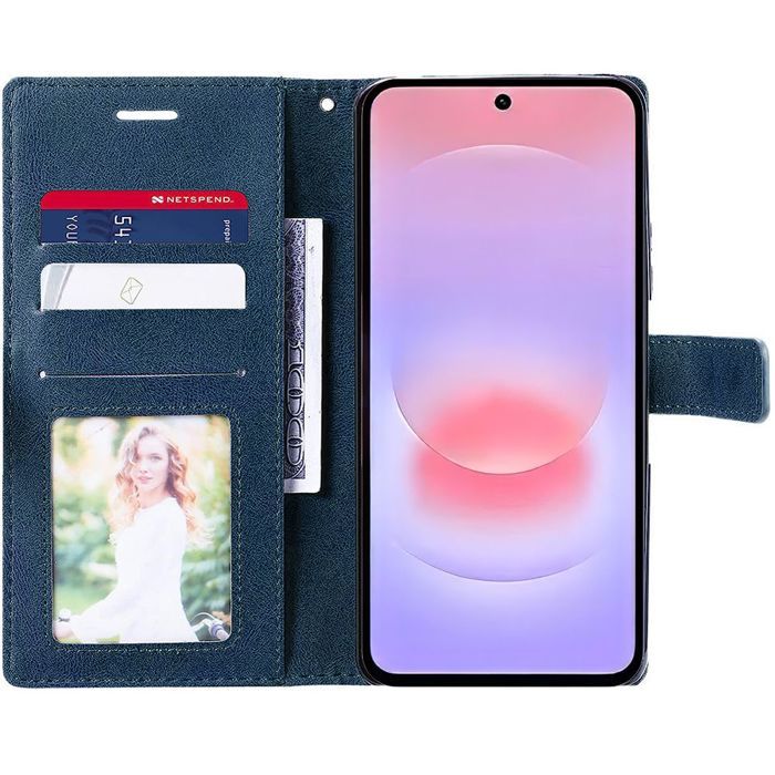 Coque pour Samsung Galaxy A37 5G, Protection Effet Cuir Anti-Rayures Bleu Marine - 2 Verres Trempés