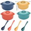 4 Set Household Large Capacity Ramen Noodles Bowl Vertical Striped Plastic Soup Bowl with Lid and Spoon Salad Bowl Canteen