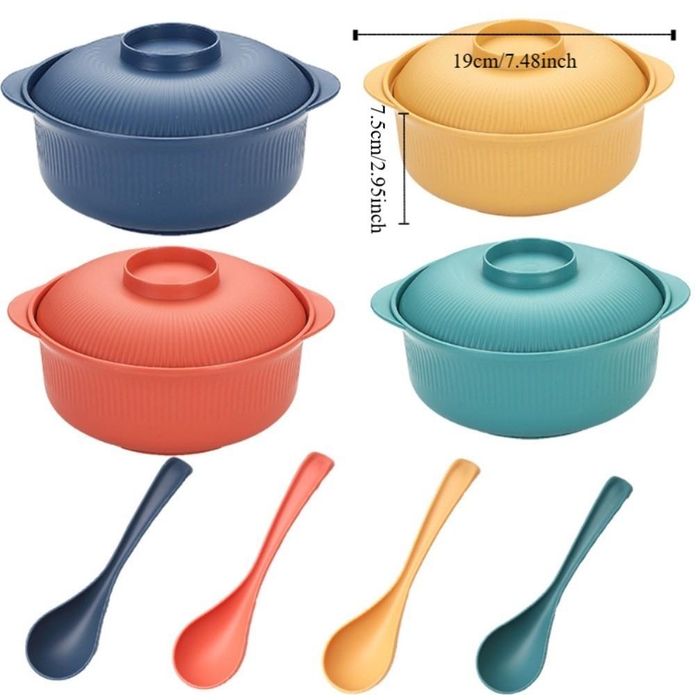 4 Set Household Large Capacity Ramen Noodles Bowl Vertical Striped Plastic Soup Bowl with Lid and Spoon Salad Bowl Canteen