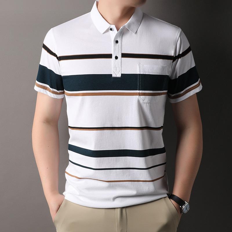 Мужская футболка-поло в полоску с отложным воротником, с короткими рукавами, повседневный свободный топ