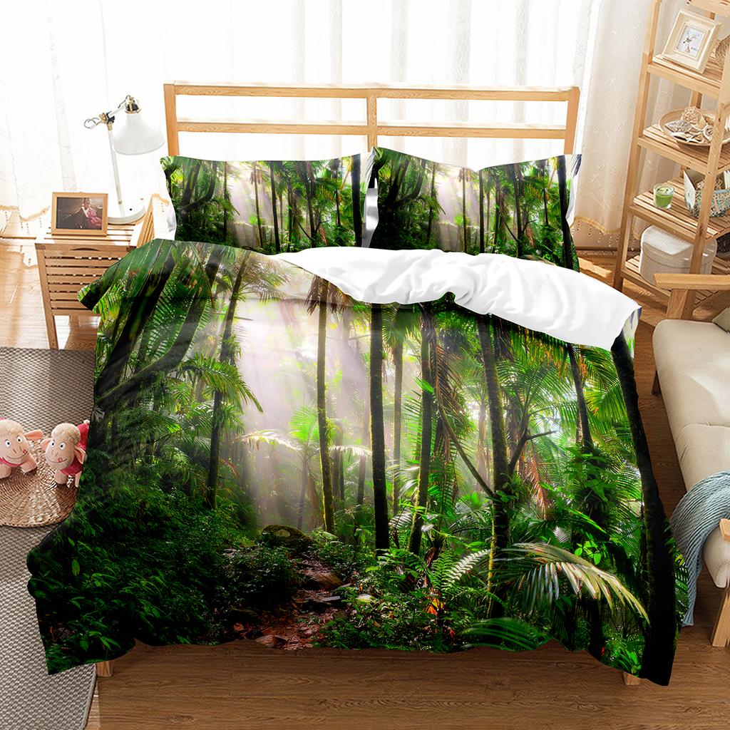 Green Jungle Theme King Queen Full Duvet Cover Forest Trees Bedding Set Natural Landscape Quilt Cover Polyester Comforter Cover