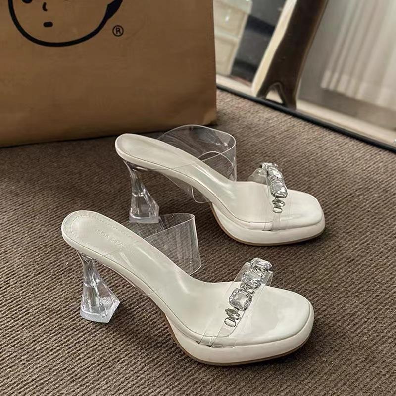Rhinestone transparent crystal high-heeled sandals with 2025 new thick heel casual fashion versatile slippers