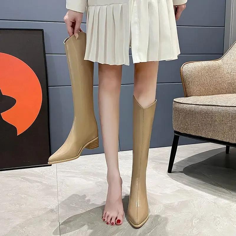Осенние туфли до колена с высоким голенищем, женская зима 2024 года, средний каблук, акция Y2k, шикарные и элегантные модные ботинки, длинные сапоги для женщин
