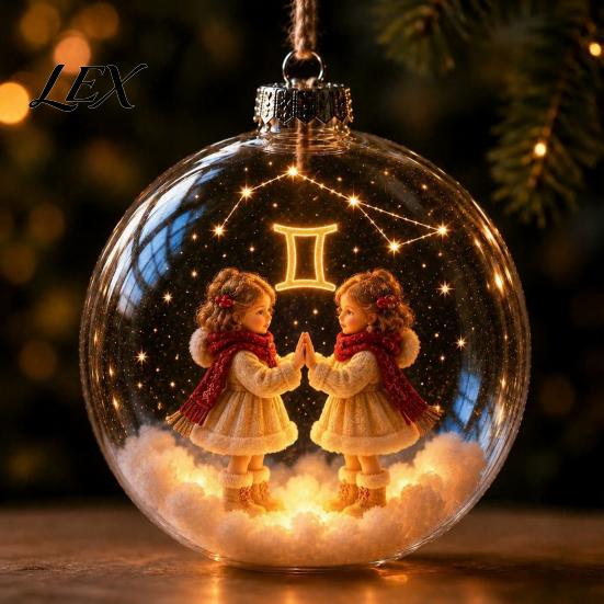 Seasonal Ornaments for Fireplace Lighted Zodiac Christmas Ornament, Glowing Sign Ball with Warm LED, Tree Hanging Baubles 3D Clear Acrylic Pendant